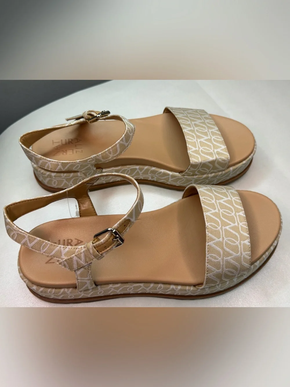 Naturalizer Beige & White Monogram Platform Sandals